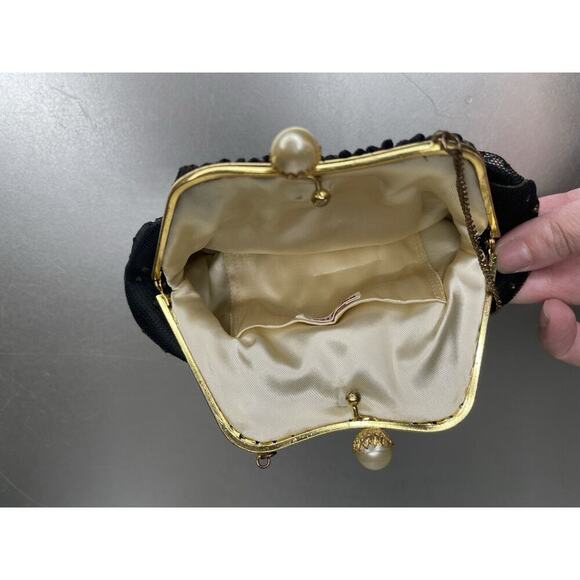 Vintage Black Sparkle Sequin & Pearl Snap Evening Bag Made In France - Picture 4 of 7